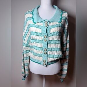 POL Striped Cropped Knit Cardigan Mint Ivory Button Front Collared Sweater